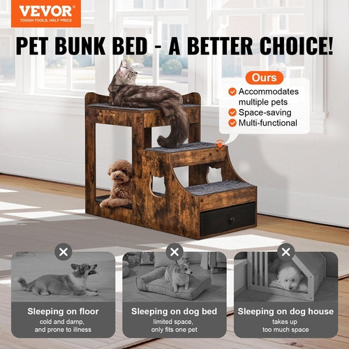 Double-Decker Pet Bunk Bed with Stairs & Window Perch
