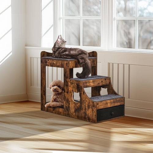 Double-Decker Pet Bunk Bed with Stairs & Window Perch